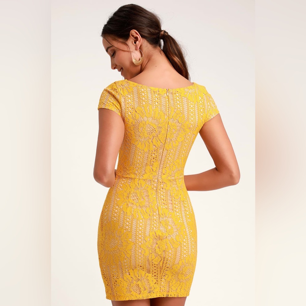 Lulu's Yellow Lace Square-Neck Cap-Sleeve Bodycon Dress - Picture 3 of 4